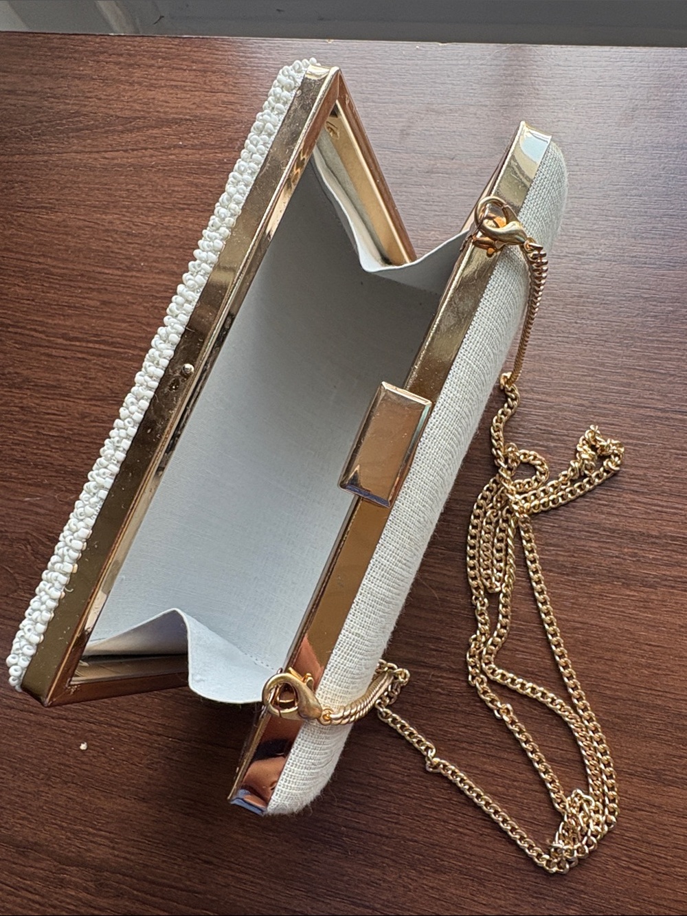 Pearl Beaded Clutch with ‘Mrs’ Metallic Script and Gold Chain - Picture 5 of 7